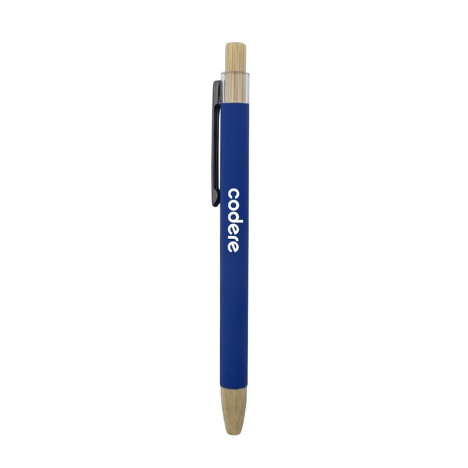 A blue bamboo click pen with a wooden clip and a logo on the body.