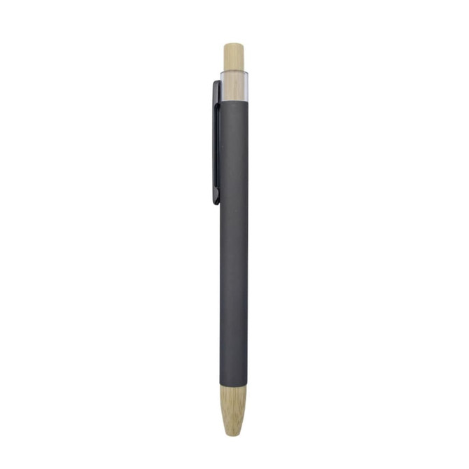 Abele Bamboo Click Pen in grey with a bamboo tip, featuring a clip and transparent section.