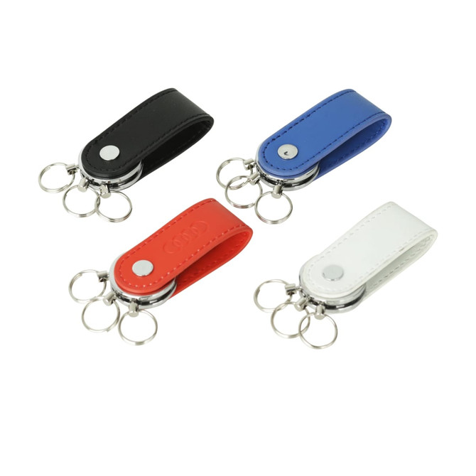 A PU leather swivel drive in black, blue, red, and white, featuring keychain rings and a shiny metal clasp.