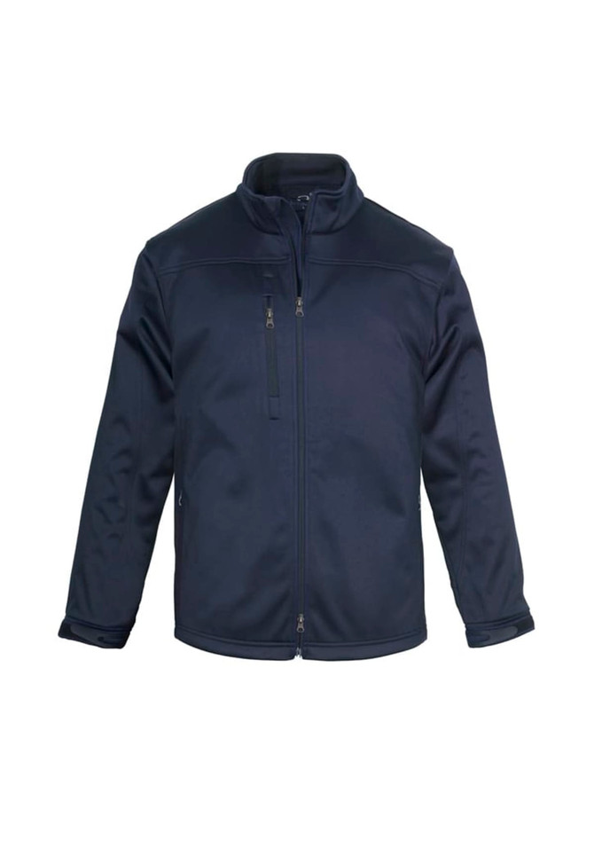 A navy blue men's softshell jacket featuring a full zip, high collar, and one zip pocket on the chest.