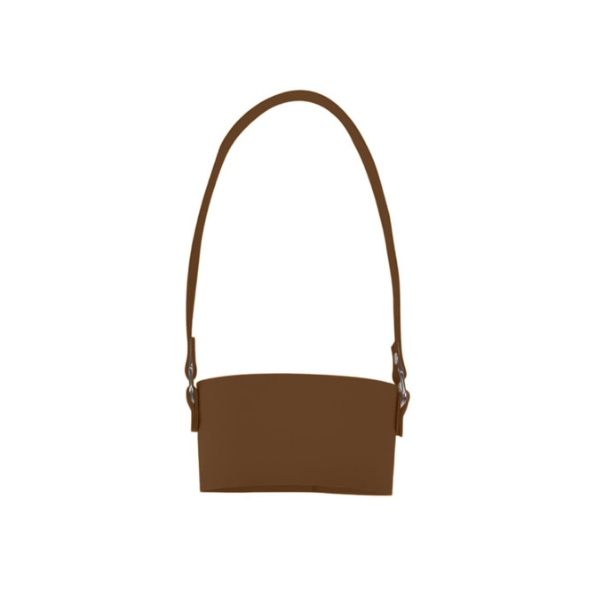 A drink bottle holder made of brown leather with an adjustable strap and a simple design. It features a logo.