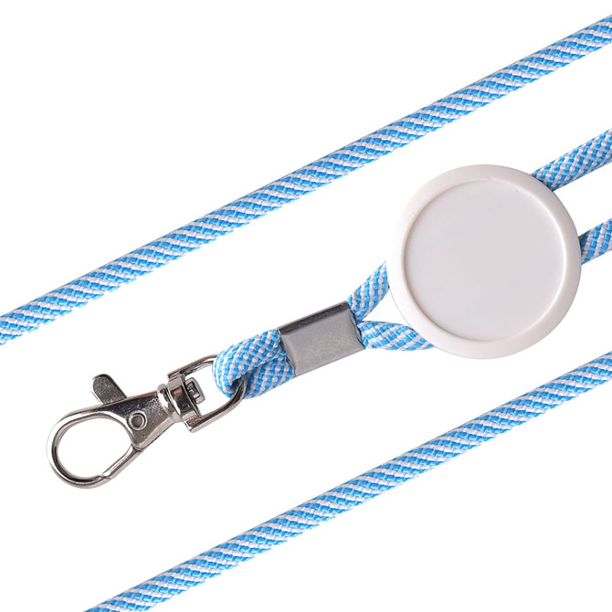 A blue and white lanyard with a retractable badge holder and a metal clip. It features a simple logo on the badge holder.