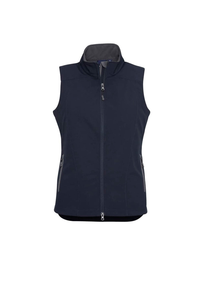 A navy women's vest with a zip front, featuring a high collar and side pockets. It has a logo on it.