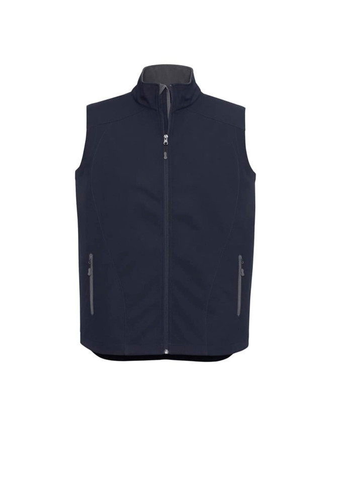 A men's vest in navy featuring a zip front, high collar, and zippered side pockets. It has a branding logo.
