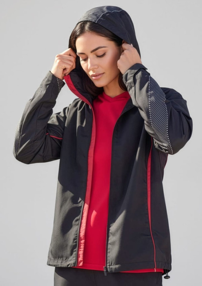A unisex jacket in black with red accents and a hood, featuring a logo on the front.