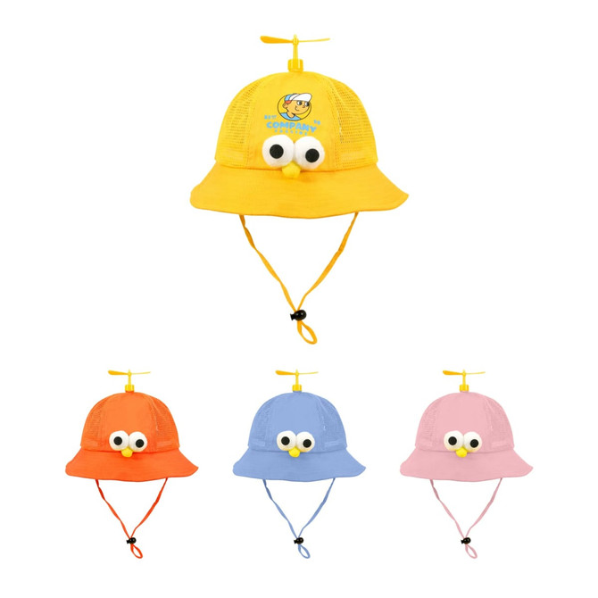 A yellow propeller hat with eyes, surrounded by orange, blue, and pink variations, all featuring a mesh design and chin strap.