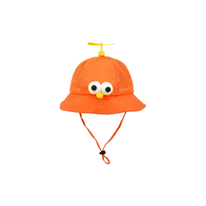 An orange propeller hat with mesh sides and a cute face featuring large eyes and a small yellow beak.