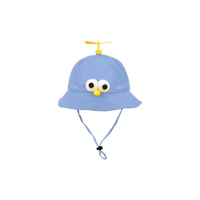 A blue propeller hat featuring a mesh design, large eyes, and a yellow spinning propeller on top.