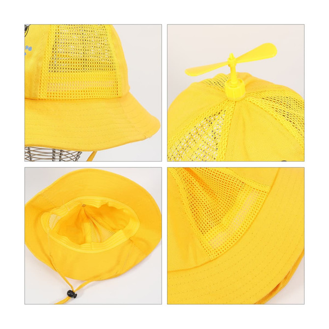 A yellow propeller hat features a mesh top and a small propeller on the crown. It has an adjustable drawstring inside.
