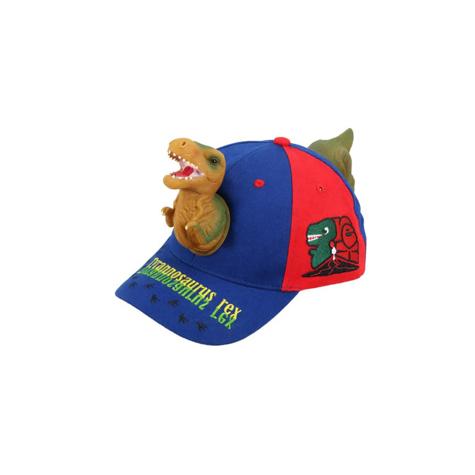 A blue and red cap with a 3D T-Rex figure on top and dinosaur embroidery. Features a logo on the side.
