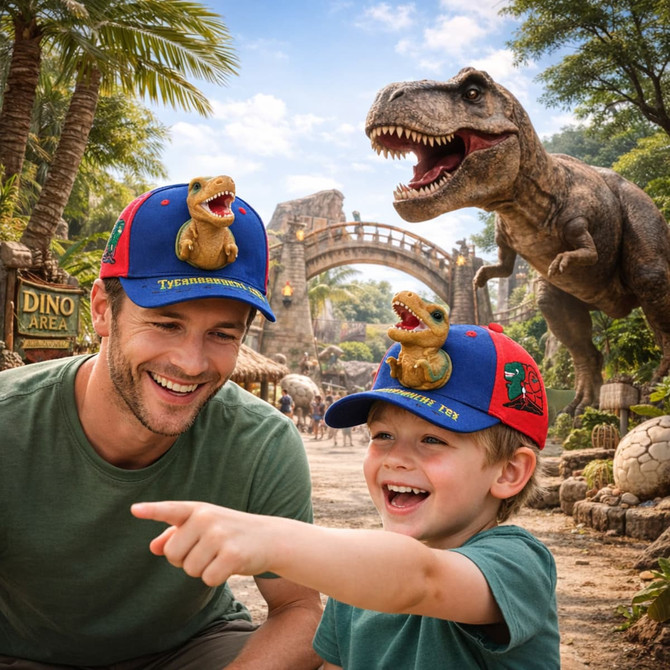 A drink bottle featuring red and blue 3D PVC decor caps with dinosaur designs, set in a vibrant outdoor landscape.