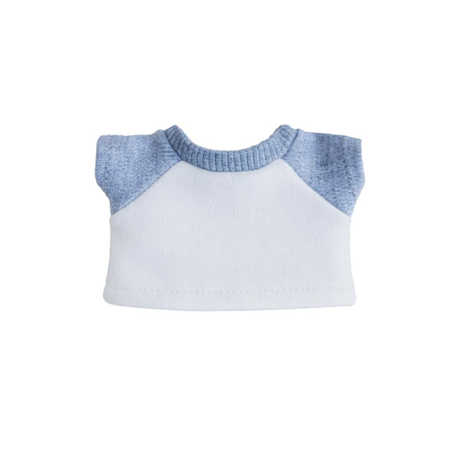 A plush doll raglan T-shirt featuring blue sleeves and a white body, with a ribbed neckline. It includes a logo.