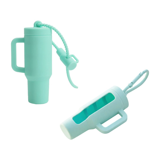 A mint green lip balm holder keychain featuring a cylindrical design and a hook for easy attachment.