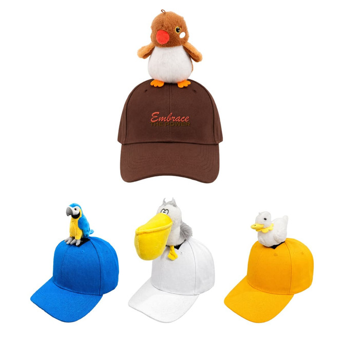 A collection of decorated baseball caps in brown, blue, white, and yellow, each with a plush animal on top.
