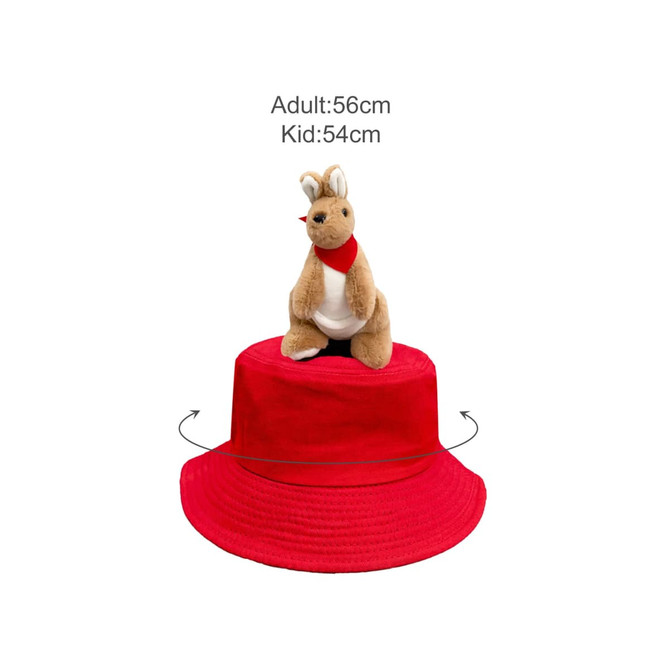 A red decorated bucket hat featuring a plush kangaroo toy sitting on top. The hat has a logo.
