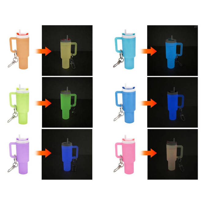 A glow-in-the-dark mini tumbler keyring in orange, green, blue, and purple, featuring a keyring attachment and a logo.
