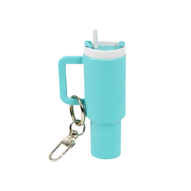 A drink bottle keyring in teal with a handle and a straw, featuring a metal keychain attachment.