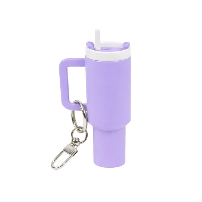 A drink bottle keyring in a light purple hue with a white lid and straw, featuring a detachable keyring.