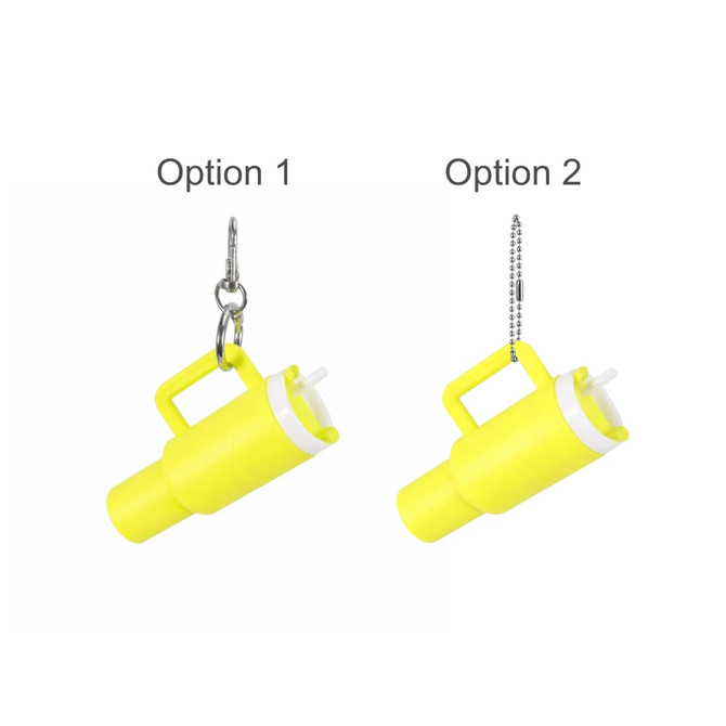 A drink bottle keyring in bright yellow, featuring two design options with a logo.