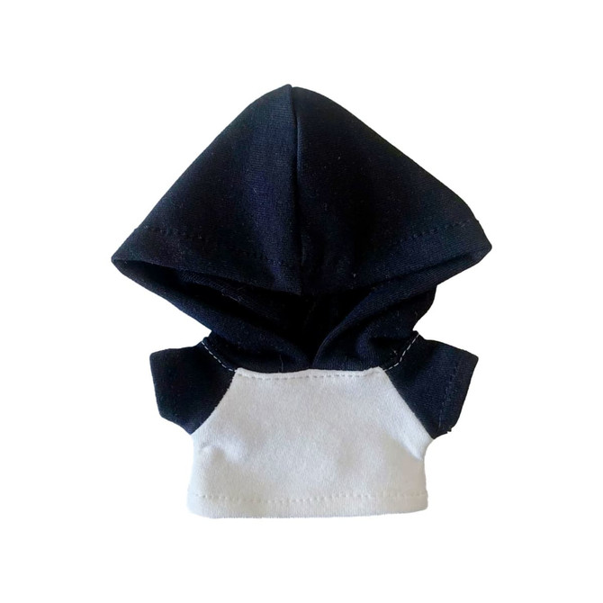 A plush doll raglan hoodie in navy blue and white, featuring a fitted design and a hood. Includes a logo.