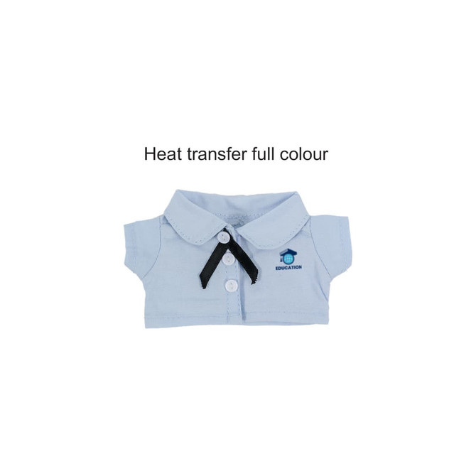 A light blue doll shirt with a collar and buttons, featuring a logo on the front.