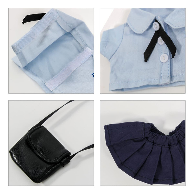 A plush doll uniform set featuring a light blue shirt, a black handbag, and a dark blue skirt. Contains various pieces.