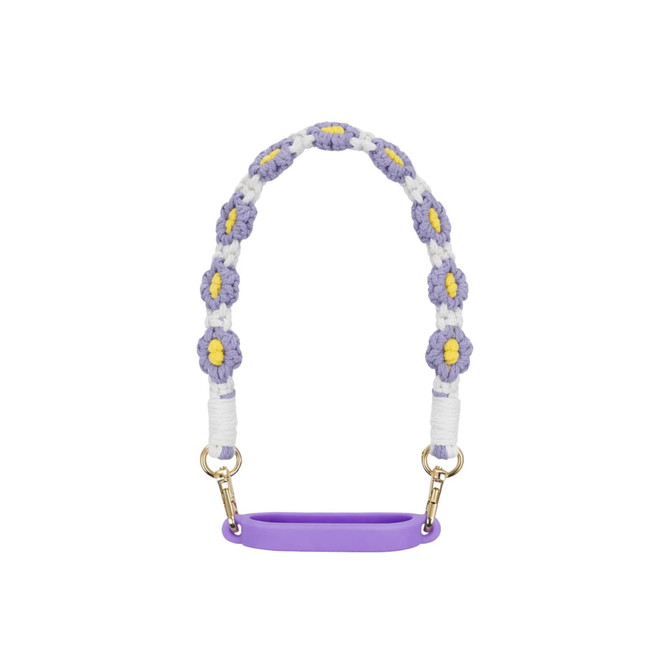 A drink bottle strap featuring a woven purple and white floral design with yellow accents and gold clips.