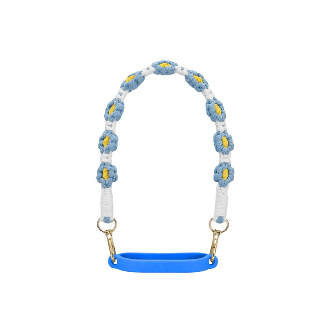 A drink bottle strap in blue with woven flowers in white and yellow, featuring metal clips for attachment.