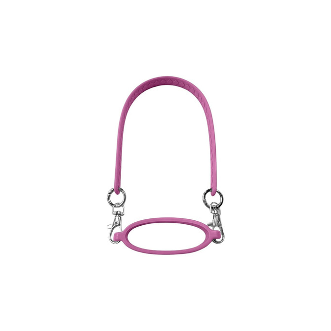 A drink bottle silicone cup carry strap in pink, featuring a smooth grip and metal clips for attachment.