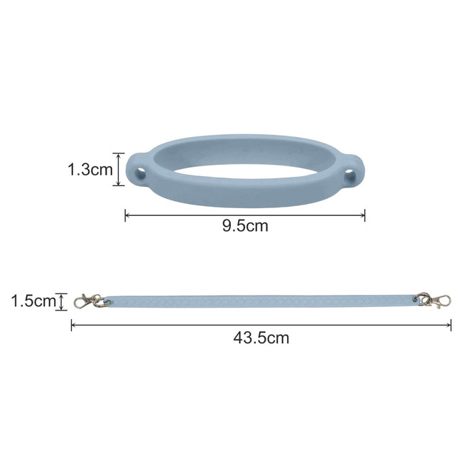 A drink bottle silicone cup carry strap in light blue, featuring two attachment clips and measuring 43.5 cm in length.