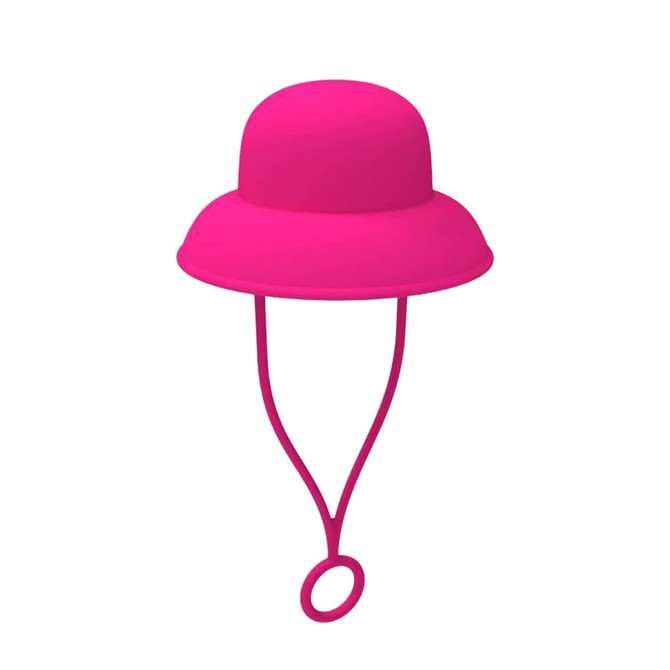 A pink silicone straw cover shaped like a bucket hat, featuring a secure strap for attachment.