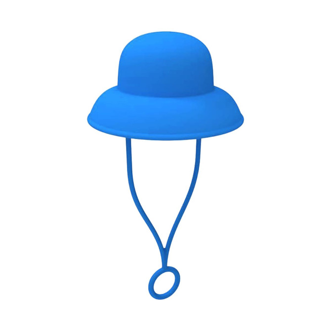 A blue silicone straw cover shaped like a bucket hat with a loop for securing. It has a simple design and features a logo.
