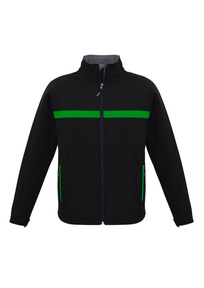 A black unisex soft shell jacket featuring green stripes and zippered pockets, with a collar and long sleeves.