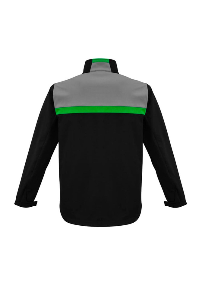 A black unisex soft shell jacket with a grey top and green stripe across the shoulders. Features a logo.