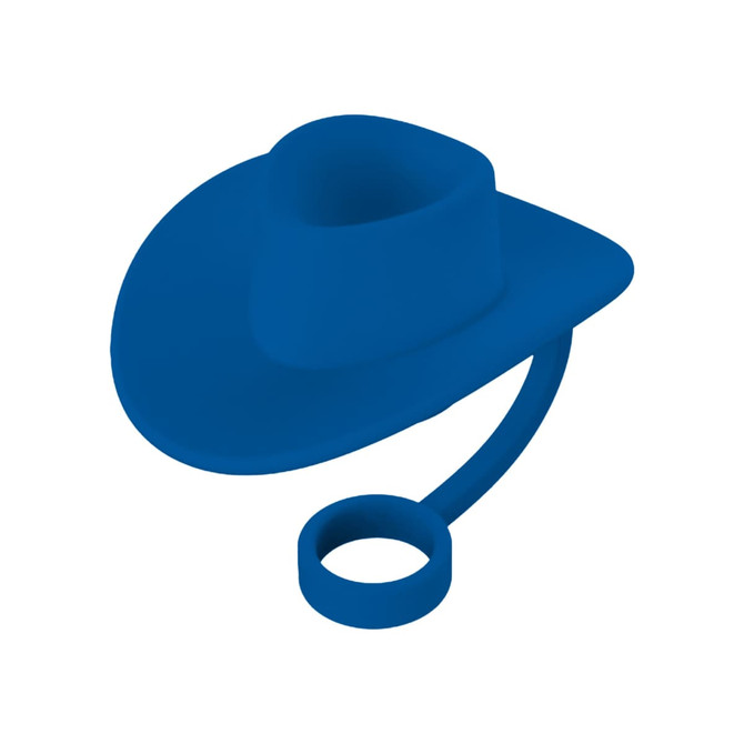 A drink bottle accessory featuring a blue silicone cowboy hat straw cover with a ring attachment.