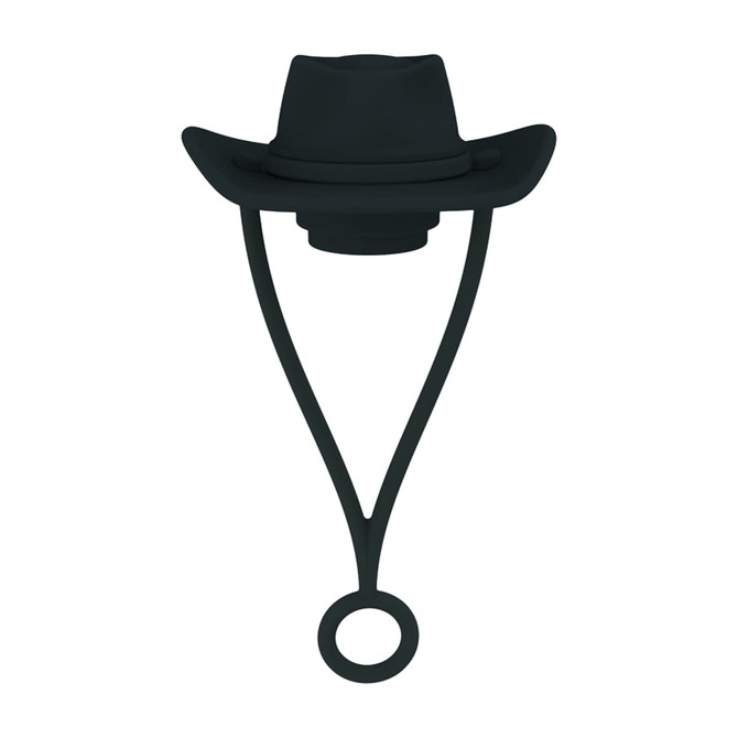 A black silicone straw cover shaped like a brim hat, featuring an attached loop for easy handling.