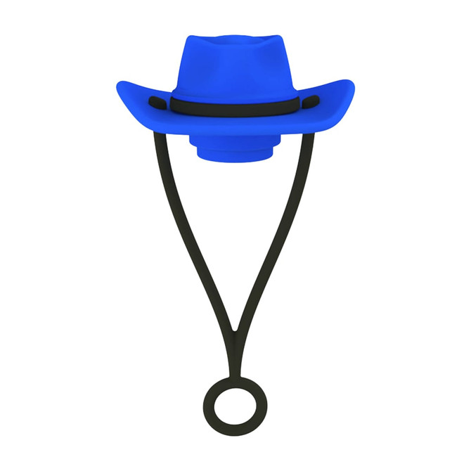 A blue brim hat silicone straw cover with a black attachment loop. Features a simple, playful design.