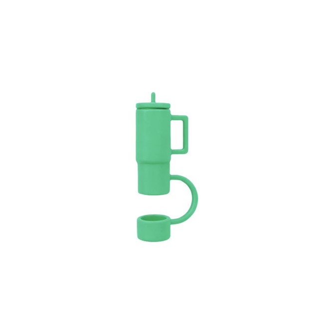 A drink bottle with a cup-shaped silicone straw cover in vibrant green, featuring a handle and straw holder.