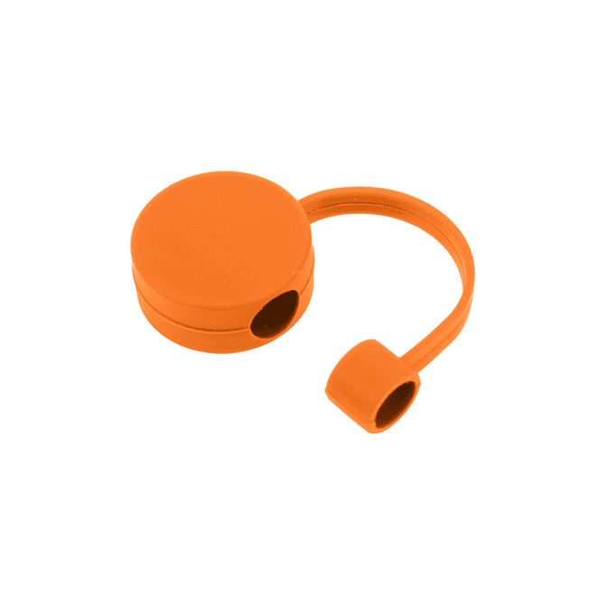 An orange silicone straw cover with a round shape and a connecting loop. It features a hole for easy attachment.