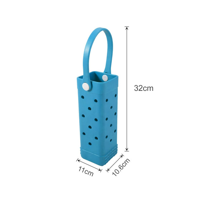 A drink bottle bag in blue with a handle, featuring holes for ventilation, measuring 32cm tall and 11cm wide.