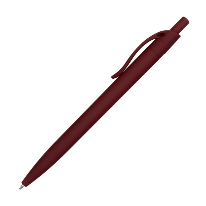 A burgundy plastic pen with a smooth finish and a clip for easy attachment. It features a branding logo.