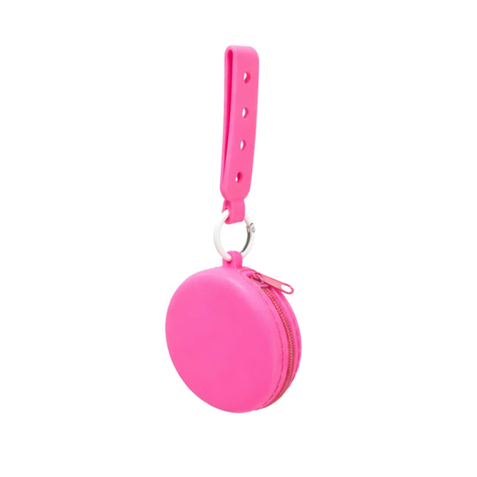 A pink silicone pouch with a strap and holes, featuring a zip closure and a metal ring.
