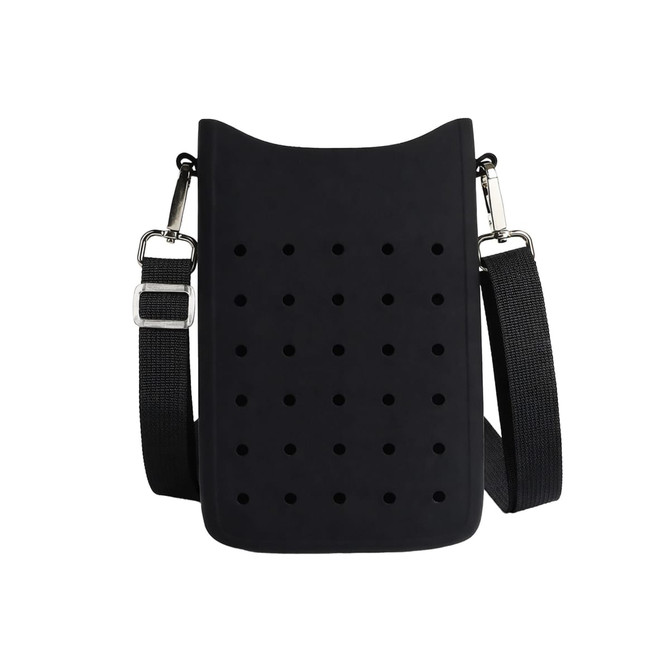 A black silicone phone bag with multiple holes and adjustable straps. It features a simple, modern design.