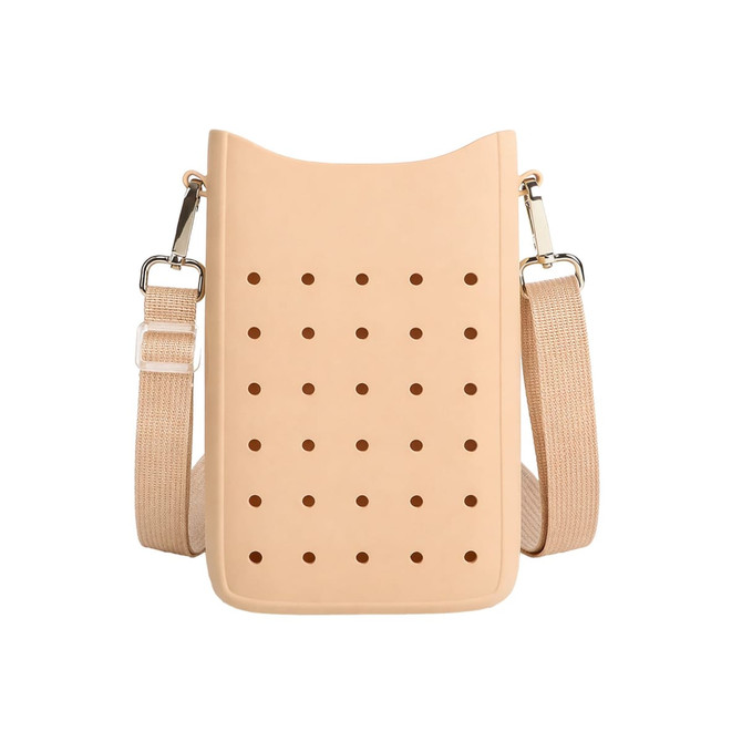 A beige silicone phone bag with multiple holes and an adjustable strap for easy carrying.