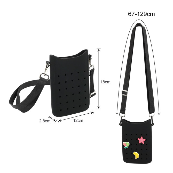 A black silicone phone bag with holes and detachable strap, featuring playful charms. Dimensions included.