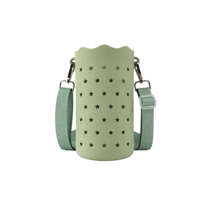 A drink bottle bag in soft green silicone, featuring star cut-outs and a matching strap, with metal clips.