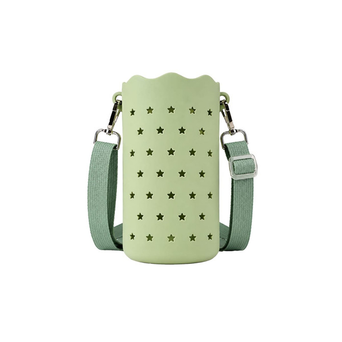 A drink bottle bag in light green silicone with star cut-outs and an adjustable strap. It features a branding logo.