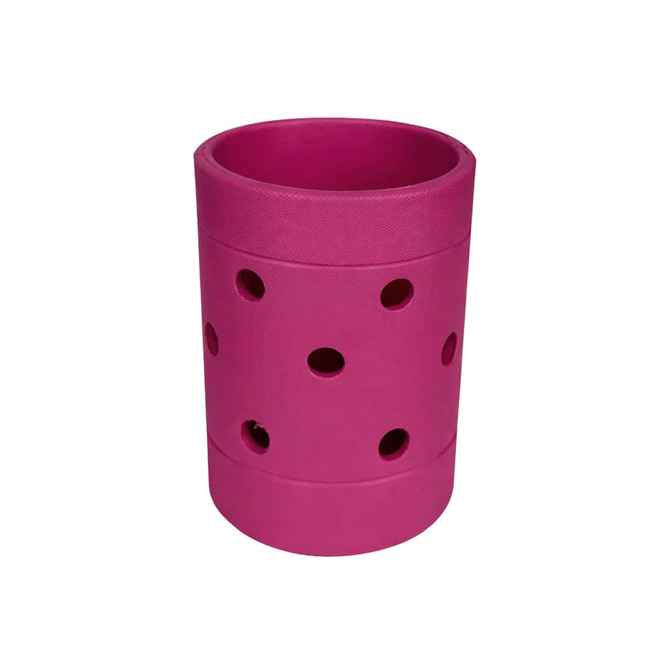 A pink EVA Holes Stubby Holder with multiple holes for insulation. It has a smooth texture and a round shape.