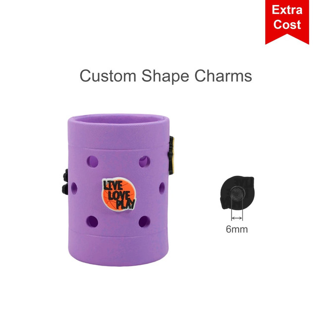 A drink bottle holder in purple silicone featuring multiple holes and a branded logo.