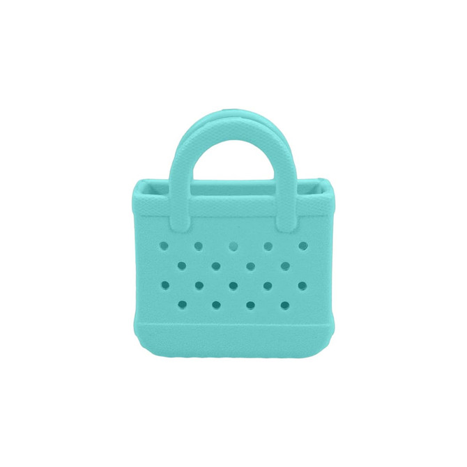 A mini turquoise EVA bag charm featuring a textured surface and handle with holes for attachment.